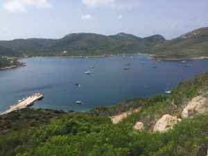 view from the top of the hill looking down at a wide bay with yachts at anchor and a dock in the foreground