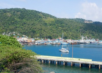 photo of tarempa harbour in the amanitas islands from a hill above the anchorage.