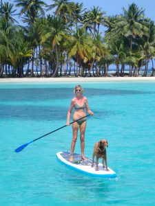 chloe the dog standing on the front of the paddleboard and her owner in a bikini paddling behind, also standing up, in crystal clear water with palm trees behind