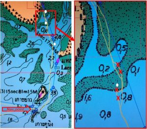 a chart plotter view of this boat's approach and navigation into the river entrance at Satun