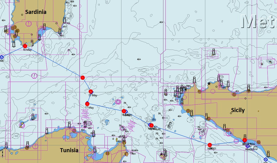 Map showing route taken by SV Bird of Passage from Sicily to Sardinia